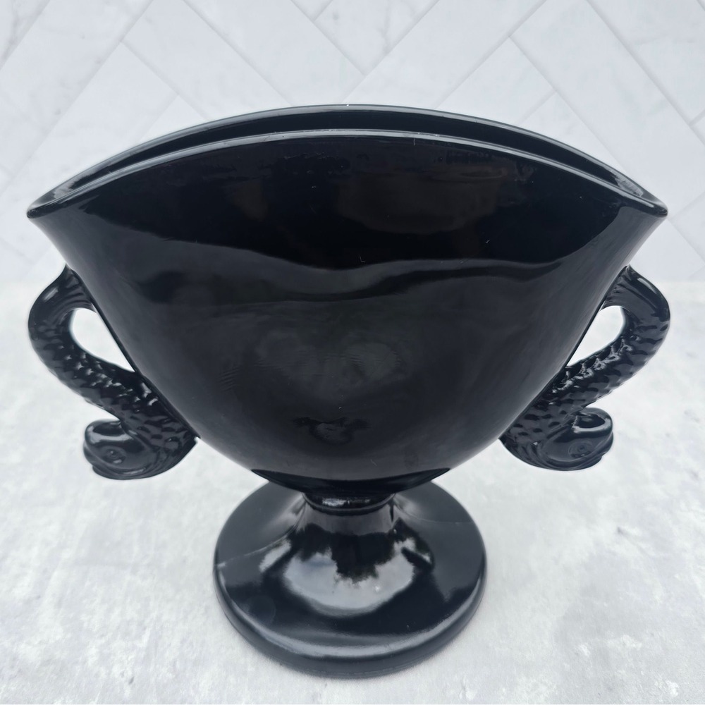 Vintage Black Amethyst Glass Trophy Vase Koi Fish Dolphin Handles Art Deco - Picture 2 of 10